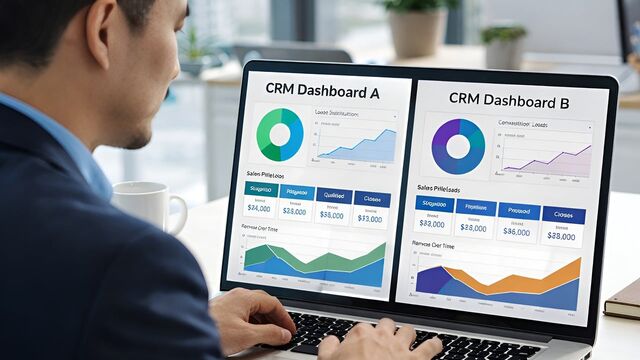 A consultant comparing SEO analytics dashboards side by side on a laptop screen